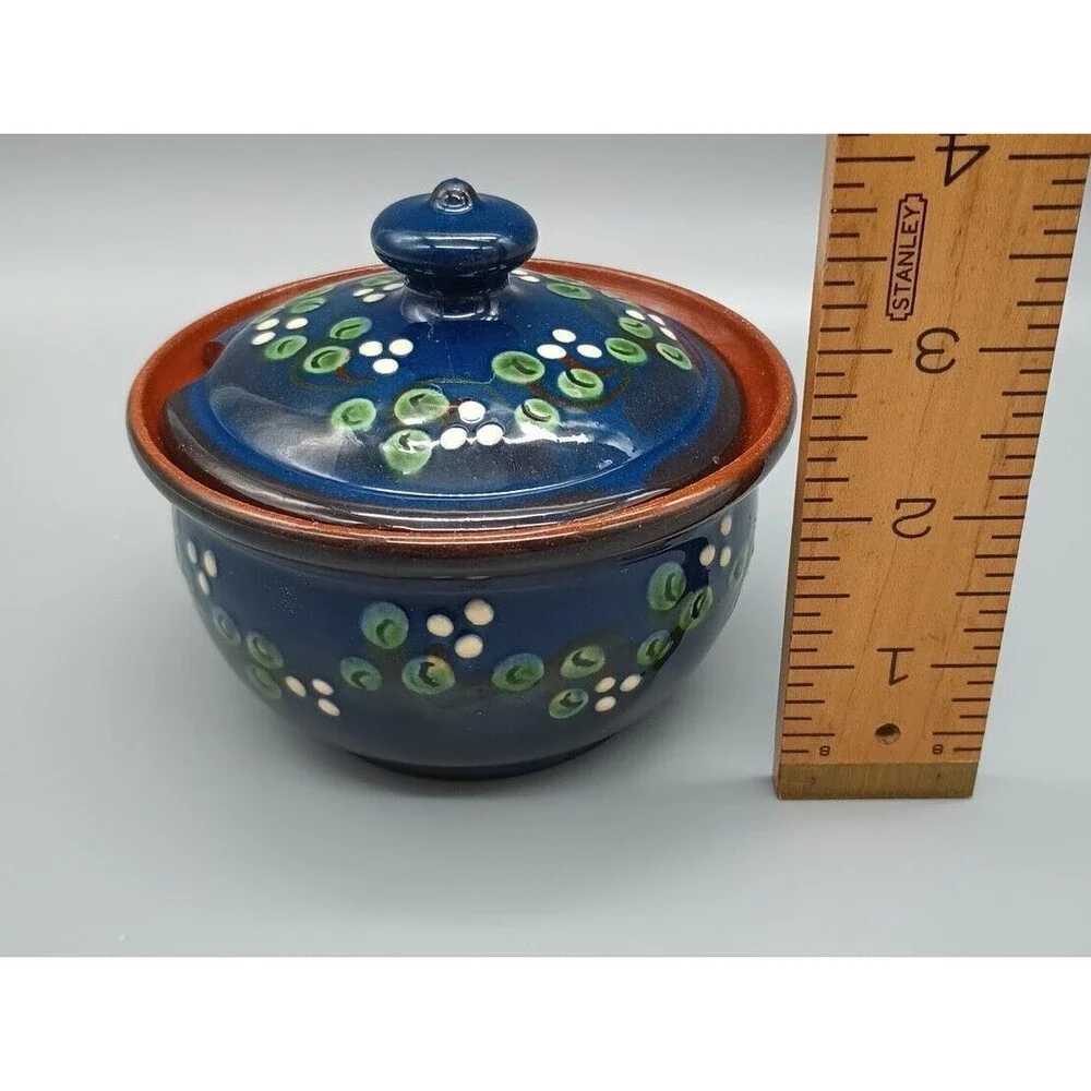 redware folk art pottery Sugar Bowl Jam Jar Hand Painted Blue Green White